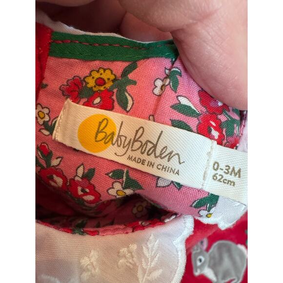 Mini Boden Appliqué Velvet Dress Poppy Red Size 0-3 Months Lined Lace Collar - Picture 8 of 11